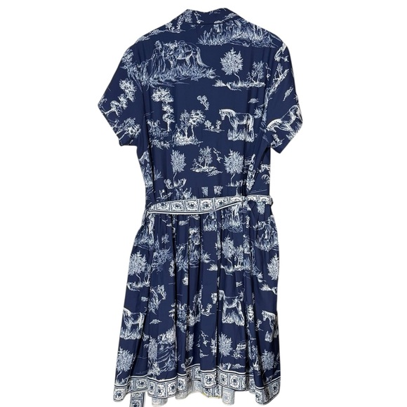 Eshakti Toile Print Crepe Belted Shirt Dress Size 2X Blue Pastoral Horse Novelty - Picture 4 of 16
